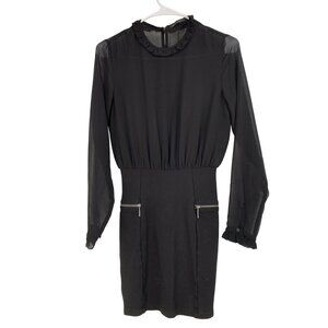Trafaluc Zara Black Chiffon & Knit Dress Mini Ruffle Neck & Cuffs Sz S RY10374